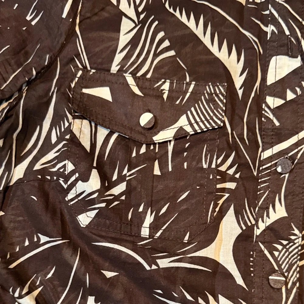 Tory Burch Brown White jungle Leaf Print Blouse sz 8 safari vacation EUC Shirt